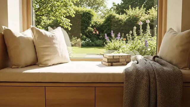 Cozy window seat nook with plush cushions and a warm blanket overlooks a lush green garden bathed in soft natural light perfect for relaxation