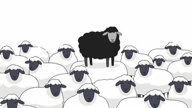 A single black sheep stands out among a flock of white sheep