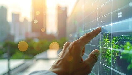 Digital Touch: A hand interacts with a digital interface, representing technological advancement and connectivity within an urban landscape.