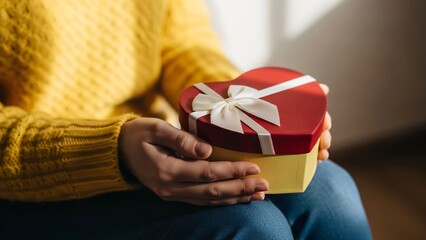 A person holding a heart-shaped gift box with a white ribbon on lap