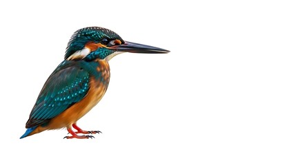 Obraz premium Detailed vector portrait of a vibrant Common Kingfisher (Alcedo atthis) with striking turquoise and orange plumage, isolated on a pure white background for wildlife and nature projects.