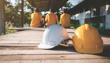 Construction safety workers wearing hard hats ready for work