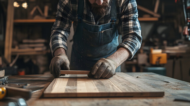 Skilled carpenter in workshop measures wooden plank with precision tools, wearing gloves and plaid shirt, surrounded by woodworking equipment - Powered by Adobe