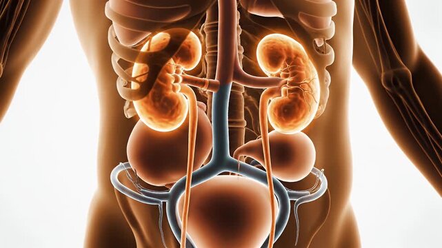 Human Urinary System Anatomy Animation on Tan Figure Isolated: Detailed Kidney Ureters Bladder Anatomy Medical