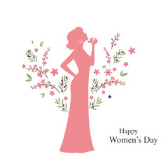 Fototapeta premium Woman in Long Dress with Floral Backdrop and Happy Womens Day Message