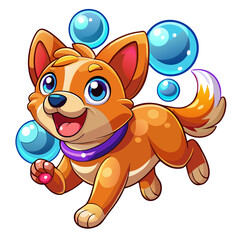 Chibi Cartoon Dog Chasing Bubbles with a Happy Expression