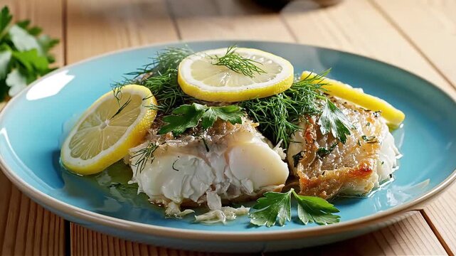 Delicious pan-fried cod fillet with fresh dill and lemon slices on a blue plate showcasing healthy seafood cuisine for menus food blogs and culinary advertising