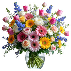 Obraz premium Vibrant assortment of fresh spring flowers in a clear glass vase perfect arrangement isolated on transparent background