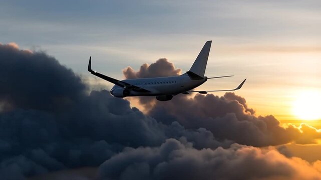 Rear View of Commercial Airplane Flying Into Dramatic Dark Storm Clouds at Sunset, Back of Aircraft with Winglets Visible, Aviation Travel and Weather Conditions Concept, Cinematic Flight 4K.