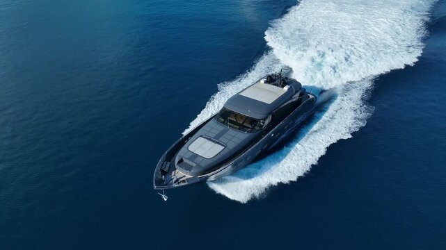 Power and Luxury on the Open Seas: A sleek motor yacht cuts through the tranquil water, leaving a trail of churning white foam in its wake. The vessel embodies elegance and high performance.