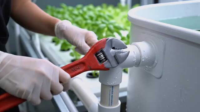 Installing Aquaponics System Pipe Connection With Red Adjustable Wrench in Ultra Close Up White Gloves and Lush Green