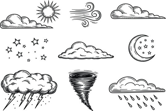 Hand drawn weather icons featuring storm clouds tornado stars moon and sun symbols in vector style