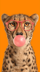 Close-up of a cheetah with orange eyes wearing pink glasses and blowing a pink bubble gum bubble against a bright orange background.