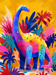 Colorful illustration of a large dinosaur surrounded by vibrant tropical plants on a bright yellow background.