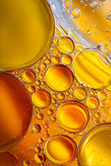 Close-up of various sized yellow and amber oil droplets suspended in a transparent liquid against a bright background.
