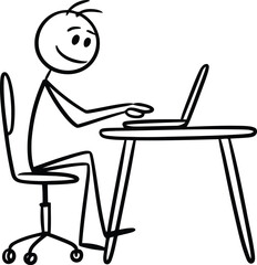 Fototapeta premium A stick figure person sits at a desk typing on a laptop computer with a relaxed posture and focus