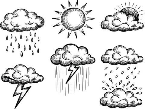 Hand drawn weather icons set featuring sun clouds rain lightning and storm symbols in vector style