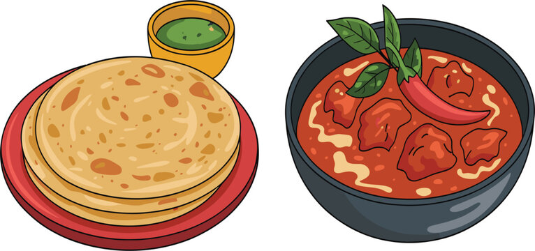 Spicy Indian chicken curry served with flaky paratha bread and green chutney in vector illustration