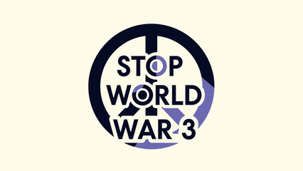 A graphic design featuring a dark blue and light purple peace symbol with the text 'STOP WORLD WAR 3' in white, set against a light background.