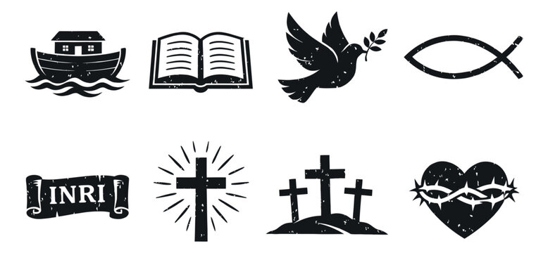 Distressed christian symbols set featuring noah's ark, holy bible, dove, fish, crosses, inri scroll, and sacred heart for religious design