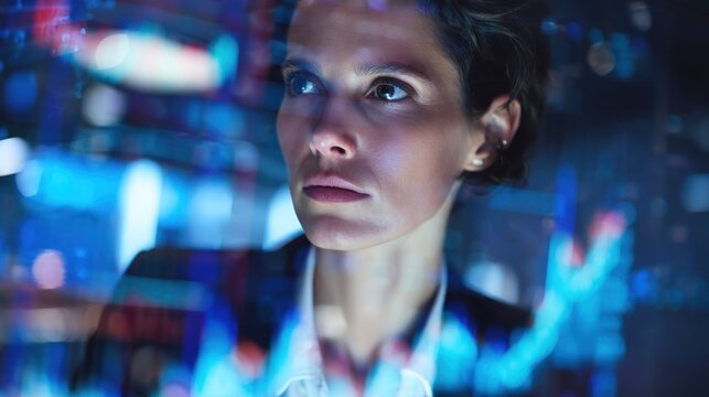 Woman gazing at virtual data innovation concept - Powered by Adobe