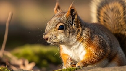 Obraz premium Squirrel Sitting on Ground in Natural Environment with Warm Lighting