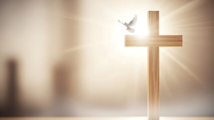 Wooden Cross with Dove in Bright Sunlight Spiritual Religious Symbol in Soft Focus