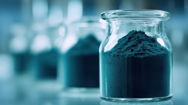 Close up of spirulina powder inside glass jars