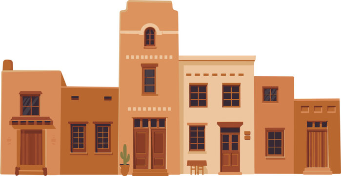 Vintage Wild West adobe town buildings vector illustration featuring rustic desert architecture and southwestern storefronts