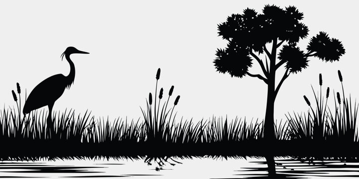 a serene landscape with a heron standing by water