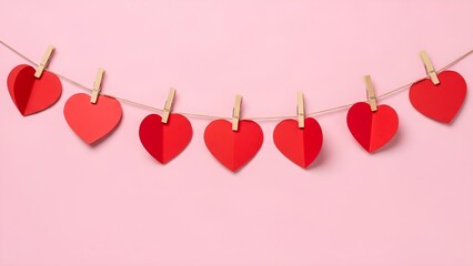 Festive row of colorful paper hearts hanging on a string, perfect for Valentine's Day or romantic celebrations