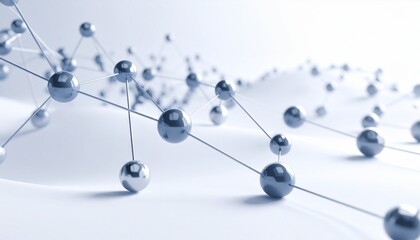 Stylized molecular structure with metallic spheres and rods on light background