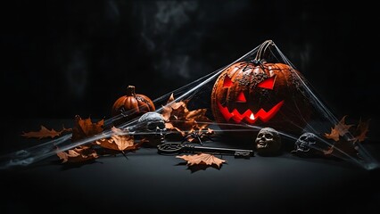 Halloween Jack O Lantern with Smiling Face Surrounded by Autumn Leaves and Skulls in Dark Environment