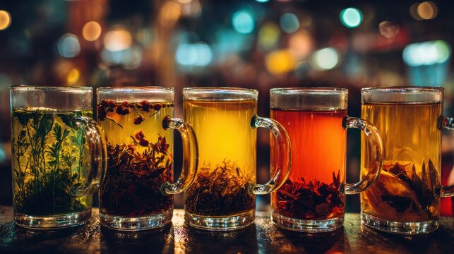 Three mugs of colorful herbal tea with transparent glass