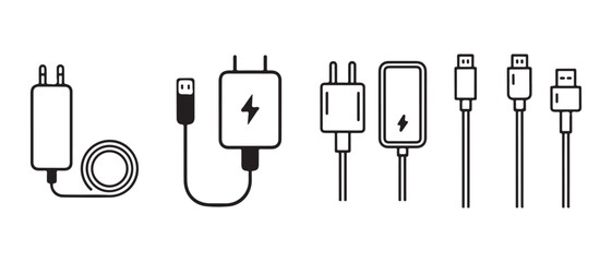 Collection of Mobile Phone Chargers and Cables Icons Vector Illustration.