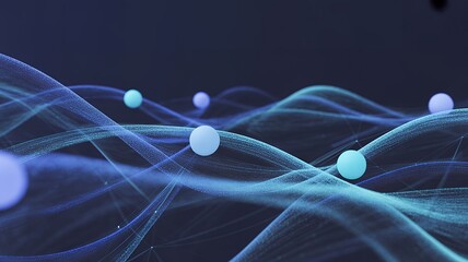 Abstract dark background visualization of decentralized network nodes and data stream waves with floating spheres