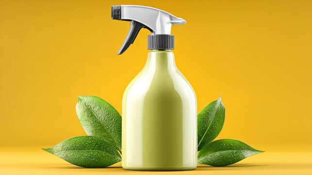 A bottle of spray sits on a yellow background with green leaves. The bottle is clear and has a white cap. The leaves are fresh and green, and they are placed around the bottle