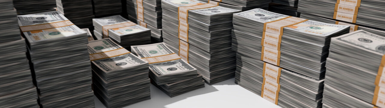 Stacks of one hundred dollar bills in bundles of 10,000. 3D rendering in high resolution 8K. Wide banner format.