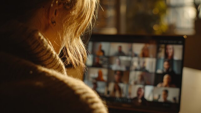 Woman attends virtual meeting on laptop with group video conference