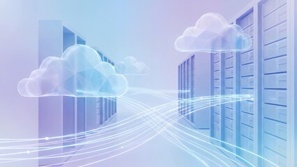 Cloud computing concept illustrating data transfer between servers and multiple abstract polygonal cloud shapes in a bright modern data center
