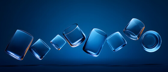 Seven blue geometric shapes arranged in a sequence on a plain white background abstract pattern minimalist design