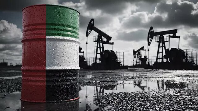 Industrial Oil Rigs and Oil Barrel Scene Under Dark Clouded Sky