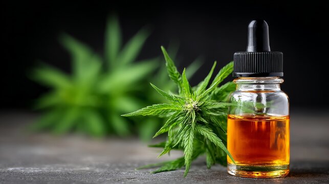 A bottle of cannabis oil is on a table next to a leafy green plant. The bottle is clear and the oil inside is yellow