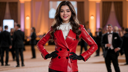 Smiling brown haired woman in a red leather blazer with ruffled collar poses at a gala event in warm light generative AI