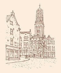 Obraz premium Hand-drawn urban sketch of Utrecht city square featuring the iconic Gothic Dom Tower and classic buildings. Minimalist brown line art on beige background, graphic illustration, travel postcard