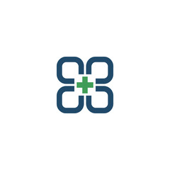 Obraz premium Minimalist healthcare logo design with four connected smooth shapes and vibrant green cross icon