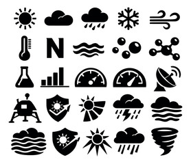 Modern silhouette weather and science icon set featuring sun, clouds, rain, thermometers, and graphs for data visualization