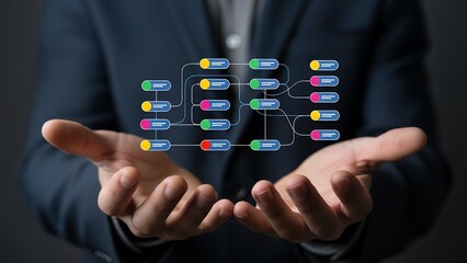 Businessman holding digital organizational chart structure for company management strategy and teamwork concept
