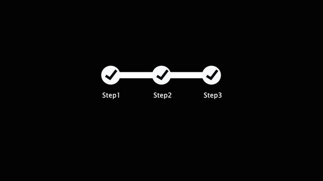 Animated 3-Step Progress Bar with Green Checkmarks and White Circles on Black Background; Three Completed Success Milestones Progressing Through Step 1, Step 2, and Step 3 for Business Presentation.