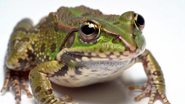 Green frog isolated on white background looking forward